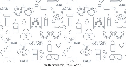 Optometry seamless pattern. Eyesight examination in ophthalmology center. Ophthalmic trial frame, testing devices and eye chart. Contact lenses and laser correction. Vision problem treatment vector