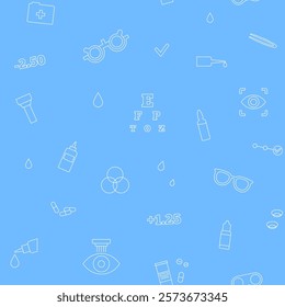 Optometry seamless pattern. Eyesight examination in ophthalmology center. Ophthalmic trial frame, testing devices and eye chart. Contact lenses and laser correction. Vision problem treatment vector