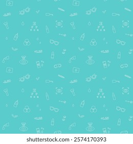 Optometry seamless pattern. Eyesight examination in ophthalmology center. Ophthalmic trial frame, testing devices and eye chart. Contact lenses and laser correction. Vision problem treatment vector