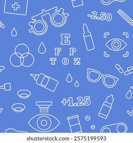 Optometry seamless pattern. Eyesight examination in ophthalmology center. Ophthalmic trial frame, testing devices and eye chart. Contact lenses and laser correction. Vision problem treatment vector