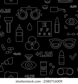 Optometry seamless pattern. Eyesight examination in ophthalmology center. Ophthalmic trial frame, testing devices and eye chart. Contact lenses and laser correction. Vision problem treatment vector