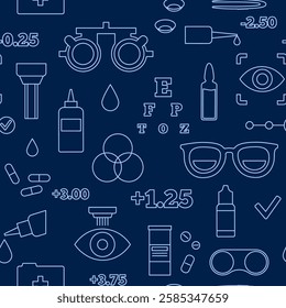 Optometry seamless pattern. Eyesight examination in ophthalmology center. Ophthalmic trial frame, testing devices and eye chart. Contact lenses and laser correction. Vision problem treatment vector