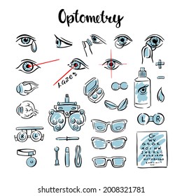 Optometry is a set of doodles, with eyes, lenses and glasses for medical information graphics. Manual vector illustration.