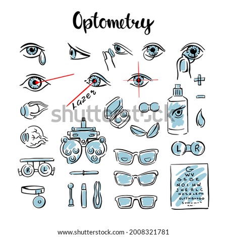 Optometry is a set of doodles, with eyes, lenses and glasses for medical information graphics. Manual vector illustration.