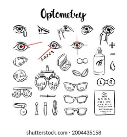 Optometry is a set of icons, with eyes, lenses and glasses for medical information graphics. Hand-drawn vector illustration on a white background.