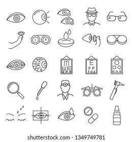 Optometry Signs Black Thin Line Icon Set Include of Eye, Vision Test, Oculist, Eyedropper, Eyeglasses and Lenses. Vector illustration