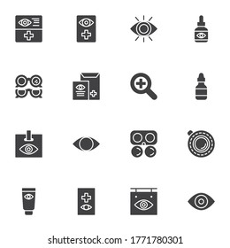 Optometry vector icons set, modern solid symbol collection, ophthalmology filled style pictogram pack. Signs, logo illustration. Set includes icons as eyedropper medicine, eye test, vision correction
