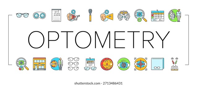 optometry vision eye glasses icons set vector. contact lenses, exam, optician, ophthalmology, myopia, hyperopia astigmatism optometry vision eye glasses color line illustrations