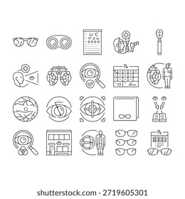 optometria visão óculos ícones definir vetor. lentes de contato, exame, óptico, oftalmologia, miopia, hiperopia astigmatismo visão óculos de visão contorno preto ilustrações