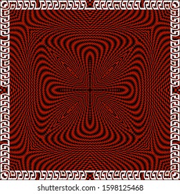 Optrical illusion style vector seamless pattern. Greek key meanders square frame. Geometric repeat abstract background. Radial stripes, zigzag lines, shapes. Modern textured red and black ornaments.