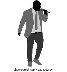 opular singer super star vector illustration isolated on white background. Attractive music artist on the stage. Singer man artist against public on concert. Entertainment event. Microphone in hands. 