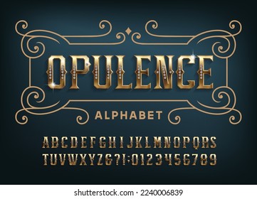 Opulence alphabet font. Gold letters and numbers with gemstones. Stock vector typeface for your design.