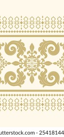 Opulence Delicate Golden Leaves and Petals Embroidery On Beige Background. Detailed Rich Fleur De lis Border Ornate Scroll. Royal Silk Design for All Expensive Luxury Work. Haute Couture Light Forest