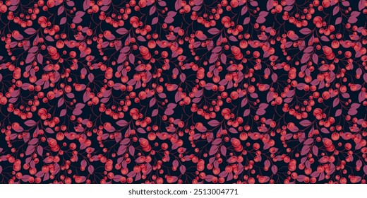 Opulenta ilustración botánica Patrón sin fisuras sobre un fondo borgoña. Abstractas bayas artísticas en un adorno de hojas de ramas. Enebro estilizado, boj, viburnum, estampado de agracejo de cornejo.