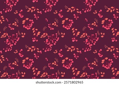 Opulent burgundy seamless pattern with abstract artistic berries on a branches leaves. Stylized juniper, boxwood, viburnum, dogwood barberry print. Fashionable botanical illustration ornament 