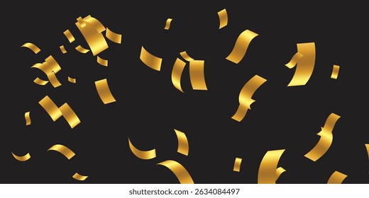 Opulent Golden Confetti with Glittering Accents on Jet Black Background: Ideal for New Year’s Promotions. Glamour falling glitter. New year wallpaper .brochure template. Cover texture design