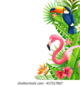 Opulent rainforest foliage vertical border with pink flamingo  toucan and bird of paradise flower colorful vector illustration 