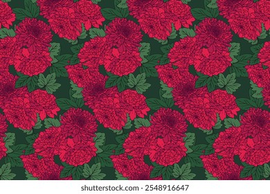 Patrón floral transparente opulento. Flores rojas florecientes y impresión de fondo de hojas verdes. Vector dibujado ilustración. Ornamento de la Naturaleza para los diseños, tela, textiles