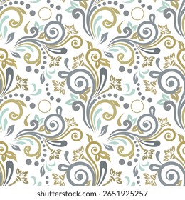 Opulent Victorian Damask in gold, blue, teal and white for luxurious invitations and decor. Vector seamless border in Victorian style. Vector, illustration 