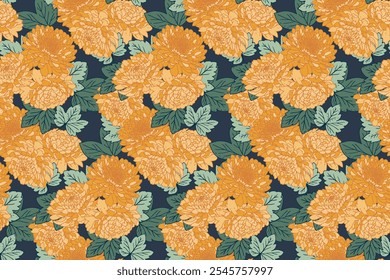 Patrón floral transparente vintage opulento. Flores y hojas amarillas florecientes impresas sobre fondo verde. Ilustración vectorial. Ornamento de Naturaleza para construcciones, telas, textiles