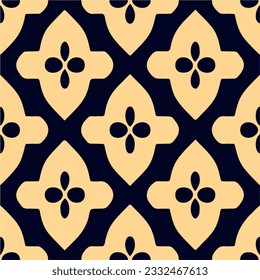 Opulent yellow and black flower pattern set against a black background, reminiscent of art deco style. The intricate damask pattern exhibits ornate geometric elements, forming a rich.