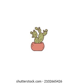 opuntia cactus houseplant. Indoor potted plant vector outline doodle illustration.