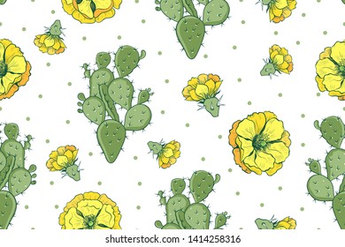 
Opuntia flowers and  cacti on a white background with polka dots. Seamless pattern with exotic plants. Vector vintage texture.