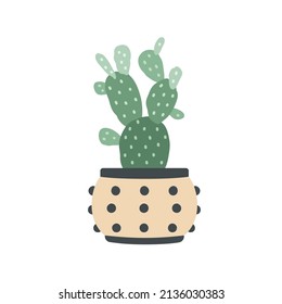 Opuntia, potted pear cactus. Prickly house plant with thorns. Barbed segmented cacti growing in home flowerpot. Tropical houseplant with prickles. Flat vector illustration isolated on white background