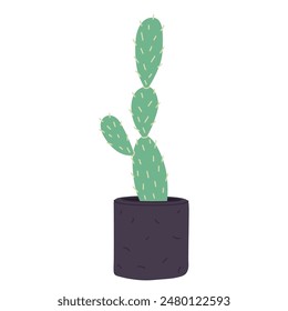 Opuntia, cactus de pera en maceta. Espinosa planta de casa con espinas. Cactáceas segmentadas con púas que crecen en maceta casera. Planta de interior tropical con picaduras. Ilustración vectorial plana aislada sobre fondo blanco