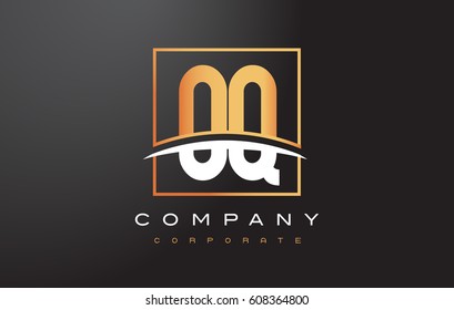 OQ O Q Golden Letter Logo Design with Swoosh and Rectangle Square Box Vector Design.