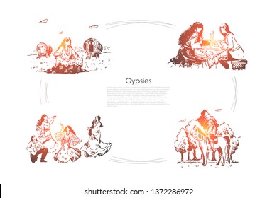 Oracle, fortune telling, future divination, young women in dresses dancing, man playing guitar banner. Romani lifestyle, gypsies caravan concept sketch. Hand drawn vector illustration