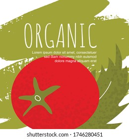 Afiche del vector de tomate oragnico. Ilustración vegetal fresca en mano dibuja tinta de pintura. Alimentos saludables. Tarjeta vectorial de plantilla impresa 