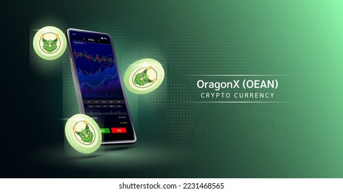 OragonX coin and Phone. App for trading crypto currency on the touch screen smartphone. Data analytics stock market. Mobile banking cryptocurrency. Vector 3d. 
