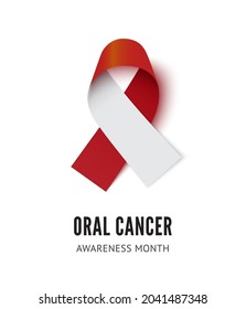 Oral cancer awareness ribbon vector illustration isolated on white background. Realistic vector red and white silk ribbon with loop