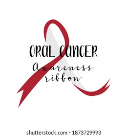 Oral cancer, oncology. Mouth disease. White and burgundy awareness ribbon. Vector flay illustration, isolated on white background