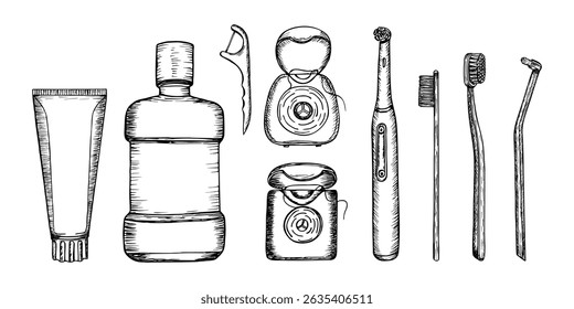 Oral care accessories collection for dental hygiene. Hand-drawn vector line sketch illustration. Toothpaste, toothbrush, floss, mouthwash. Outline engraving doodle clipart