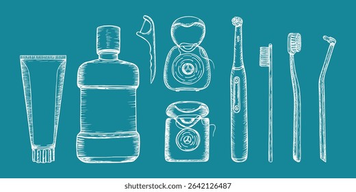 Oral care accessories collection for dental hygiene. Toothpaste, toothbrush, floss, mouthwash. Hand-drawn vector line sketch illustration. Outline engraving doodle clipart