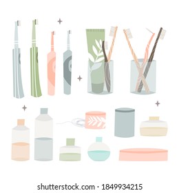 Oral care. Dental cleaning tools: bamboo toothbrush, electric toothbrush, toothpaste, dentifrice, dental floss, mouthwash, tongue scraper. Dental hygiene, teeth care. Vector flat cartoon illustration