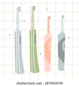 Oral care. Dental cleaning tools: electric toothbrush. Dental hygiene, teeth care. Vector flat cartoon illustration, landing page template, banner design, web