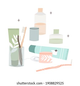 Oral care. Dental cleaning tools: toothbrush, toothpaste, dentifrice, dental floss, mouthwash. Dental hygiene, teeth care. Vector flat cartoon illustration