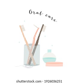 Oral care. Dental cleaning tools: bamboo toothbrush, electric toothbrush, toothpaste, dentifrice, dental floss, mouthwash, tongue scraper. Dental hygiene, teeth care. Vector flat cartoon illustration
