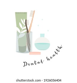 Oral care. Dental cleaning tools: bamboo toothbrush, electric toothbrush, toothpaste, dentifrice, dental floss, mouthwash, tongue scraper. Dental hygiene, teeth care. Vector flat cartoon illustration