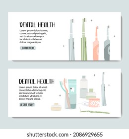 Oral care. Dental cleaning tools: toothbrush, toothpaste, dentifrice, dental floss, mouthwash. Dental hygiene, teeth care. Vector flat cartoon illustration, landing page template, banner design, web