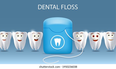 Oral care dental floss vector poster, banner template. Smiling healthy white teeth cartoon characters with string dental floss in container. Children dentistry, oral health, teeth cleaning and hygiene