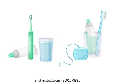 Oral Care and Dental Hygiene with Floss, Toothbrush and Toothpaste Tube Vector Set