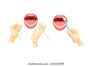 Oral Care and Dental Hygiene with Hands Cleaning Teeth with Floss and Toothbrush Vector Set