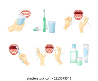 Oral Care and Dental Hygiene with Hands Cleaning Teeth with Floss and Toothbrush Vector Set