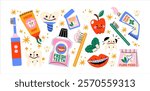 Oral care, dental kit: toothbrushes, floss, mouthwash, braces. Accessories for cleaning teeth, cartoon vector stickers in groovy doodle retro style.