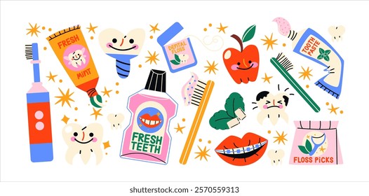 Oral care, dental kit: toothbrushes, floss, mouthwash, braces. Accessories for cleaning teeth, cartoon vector stickers in groovy doodle retro style.