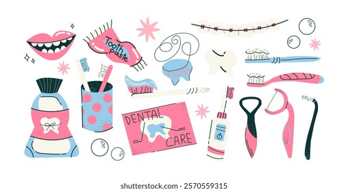 Oral care, dental kit: toothbrushes, floss, mouthwash, braces. Accessories for cleaning teeth, cartoon vector stickers in groovy doodle retro style.